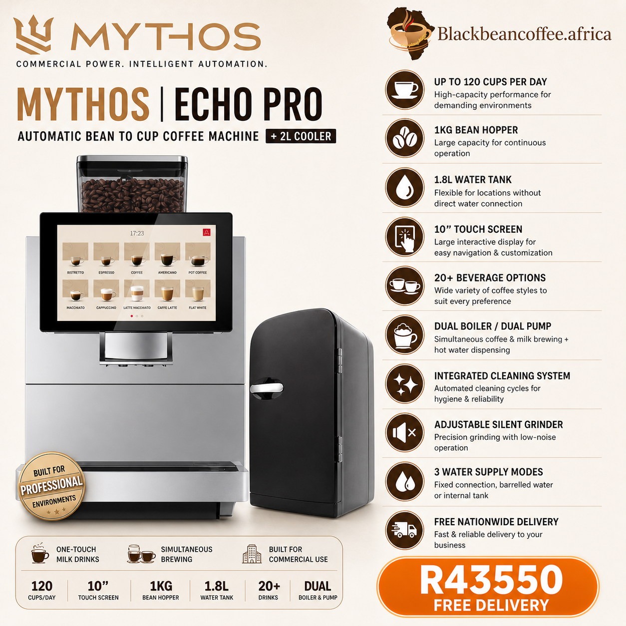 Mythos | ECHO PRO Automatic Bean to Cup Coffee Machine + 2L Cooler