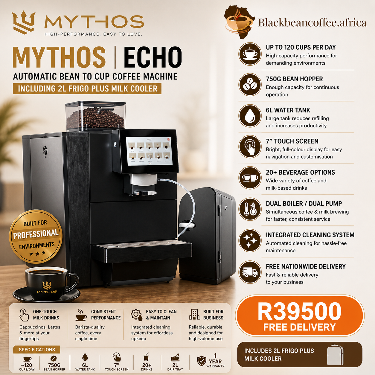 Mythos | ECHO Automatic Bean to Cup Coffee Machine + 2L Cooler