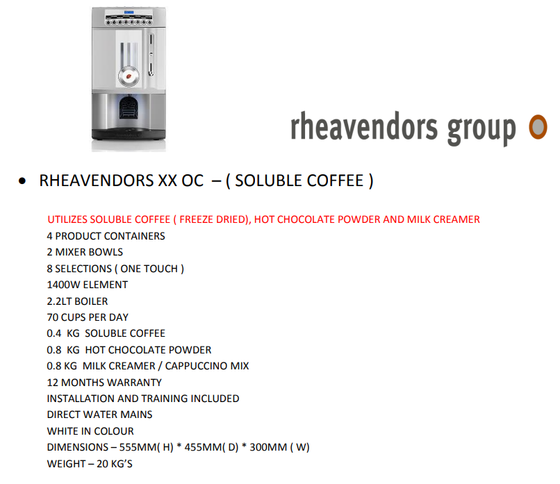 Rheavendors | XX OC - (Soluble Coffee Machine)