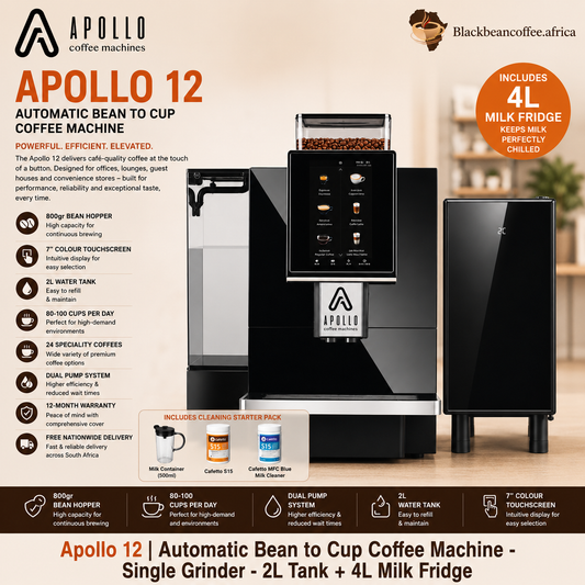 Apollo 12 Automatic Bean to Cup Coffee Machine - Single Grinder - 8L Tank + 4L Milk Fridge