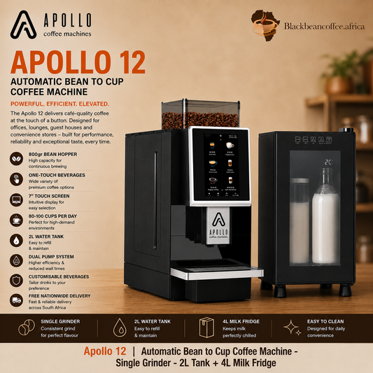 Apollo 12 | Automatic Bean to Cup Coffee Machine - Single Grinder - 2L Tank + 4L Milk Fridge