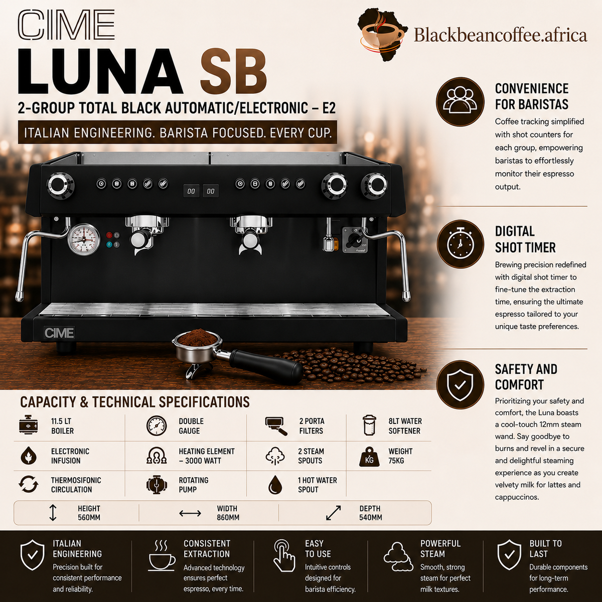 CIME | LUNA SB- 2 Group Total Black Automatic/Electronic – E2 Espresso Machine