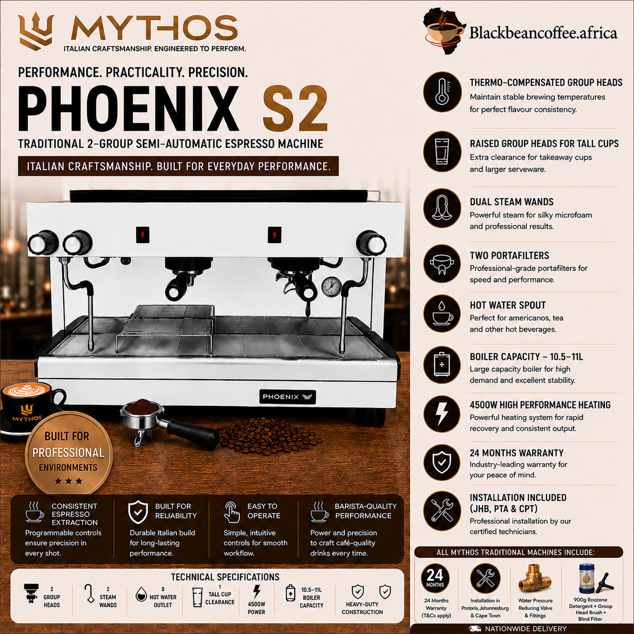Mythos | PHOENIX S2 Semi-Auto Traditional Espresso Machine - White