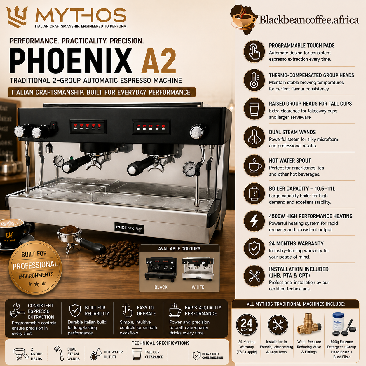 Mythos | PHOENIX A2 Auto Traditional Espresso Machine - Black