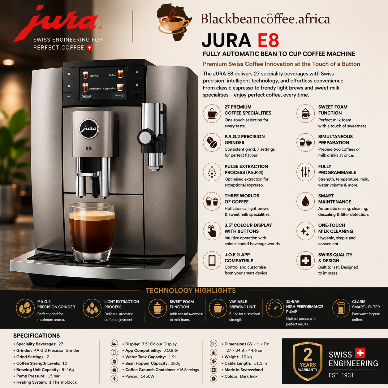 JURA | E8 Fully Automatic Bean to Cup Coffee Machine - NEW