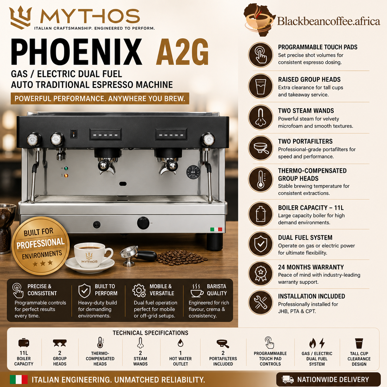 Mythos | PHOENIX A2G Gas/Electric Dual Fuel Auto Traditional Espresso Machine
