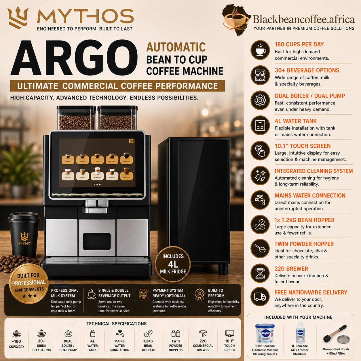 Mythos | ARGO Automatic Bean to Cup Coffee Machine - Commercial Use + 4L Aspen Fridge