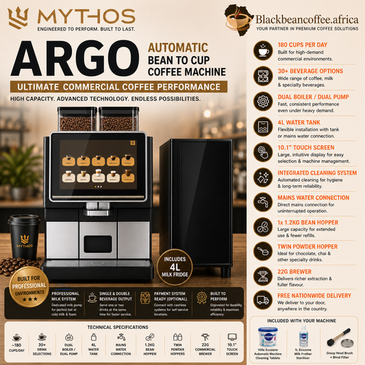 Mythos | ARGO Automatic Bean to Cup Coffee Machine - Commercial Use + 4L Aspen Fridge