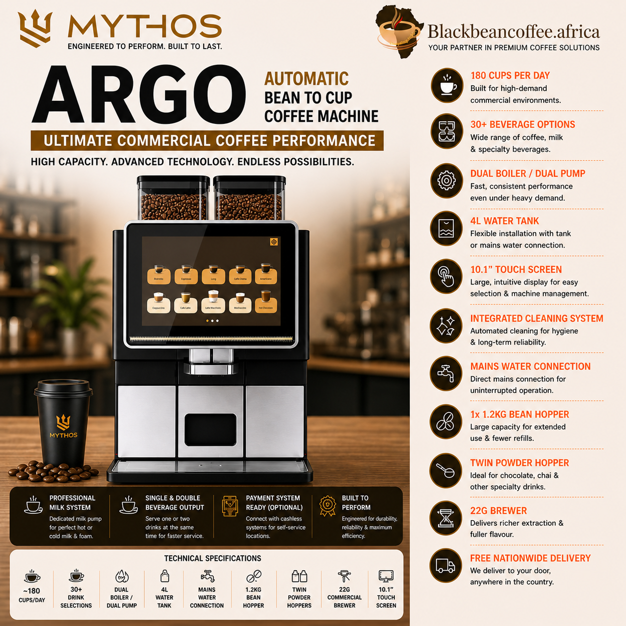 Mythos | ARGO Automatic Bean to Cup Coffee Machine - Commercial Use