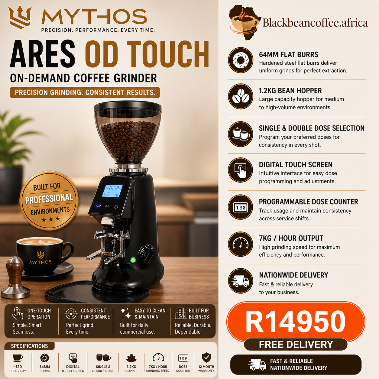 Mythos | ARES OD TOUCH Coffee Grinder - 1.2kg Hopper - Black
