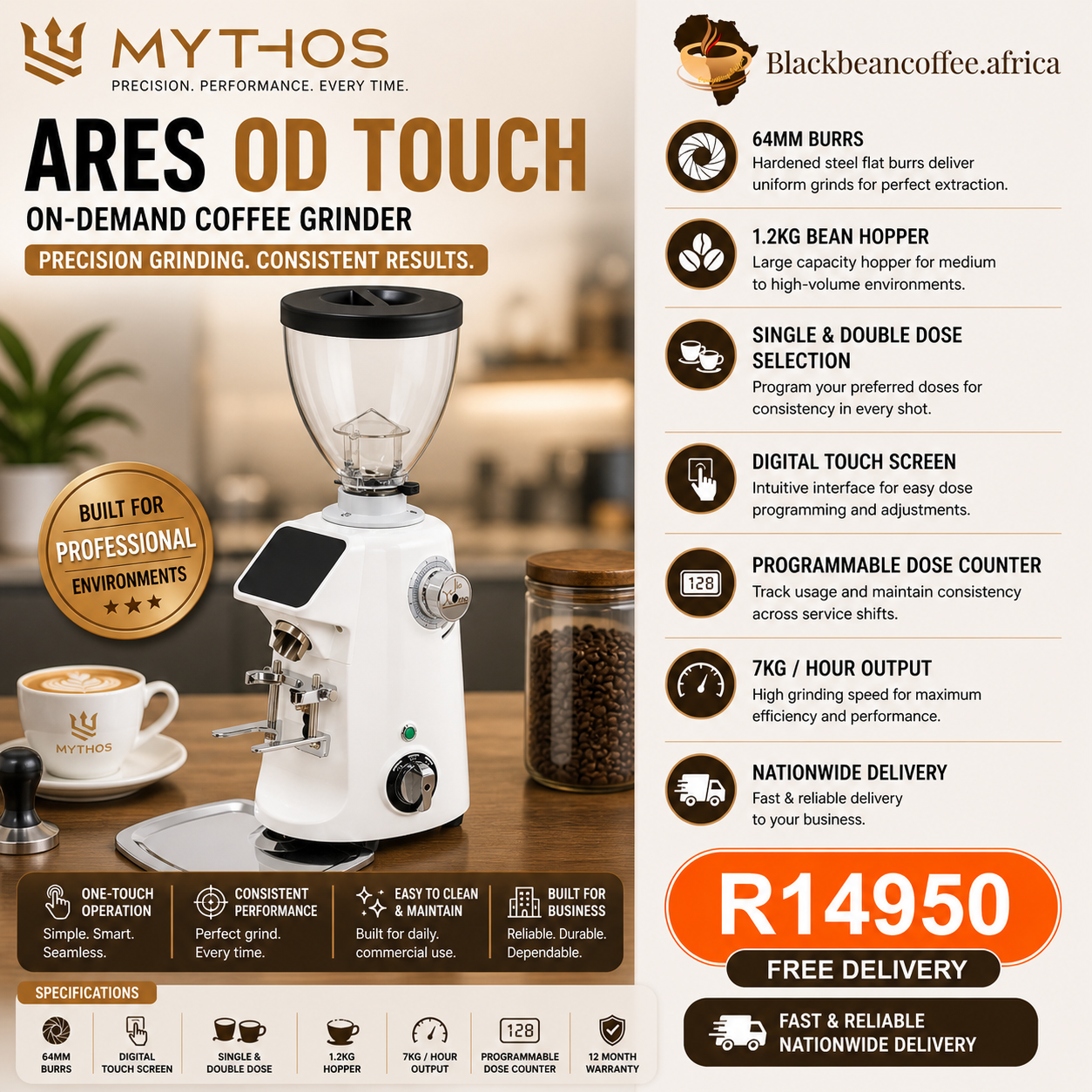 Mythos | ARES OD TOUCH Coffee Grinder - 1.2kg Hopper - White