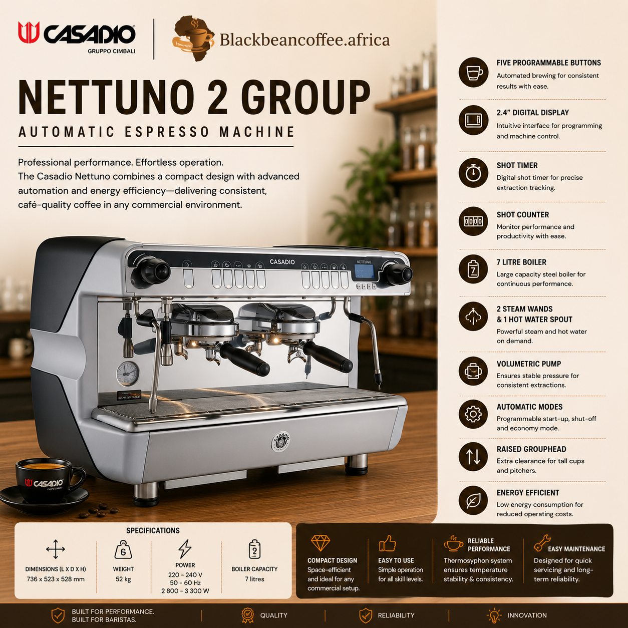 Casadio | NETTUNO 2 Group Automatic Espresso Machine - Raised