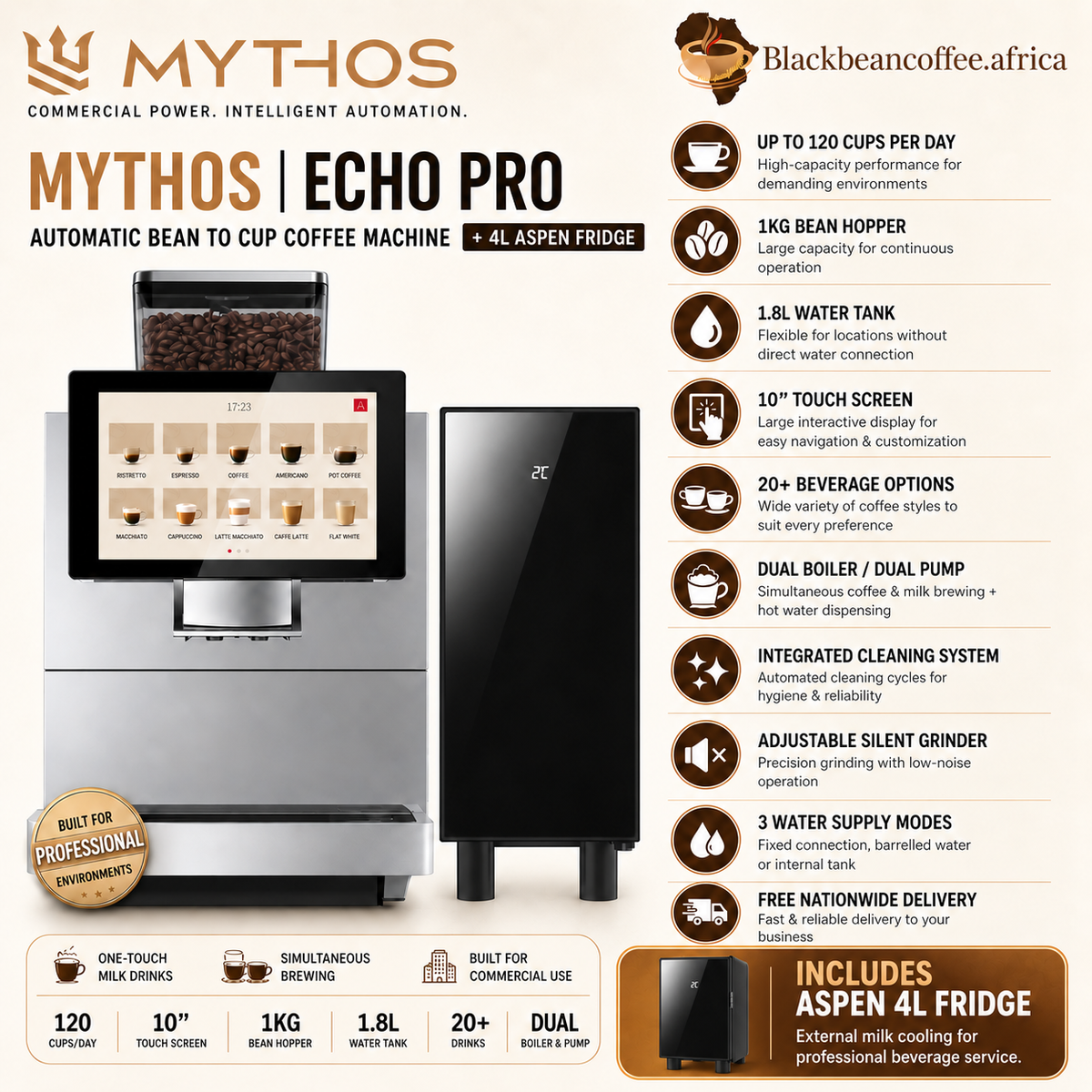 Mythos | ECHO PRO Automatic Bean to Cup Coffee Machine + 4L ASPEN Fridge