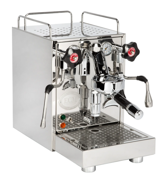 ECM Mechanika VI Slim heat exchanger espresso machine with stainless steel boiler and dual ECM portafilters
