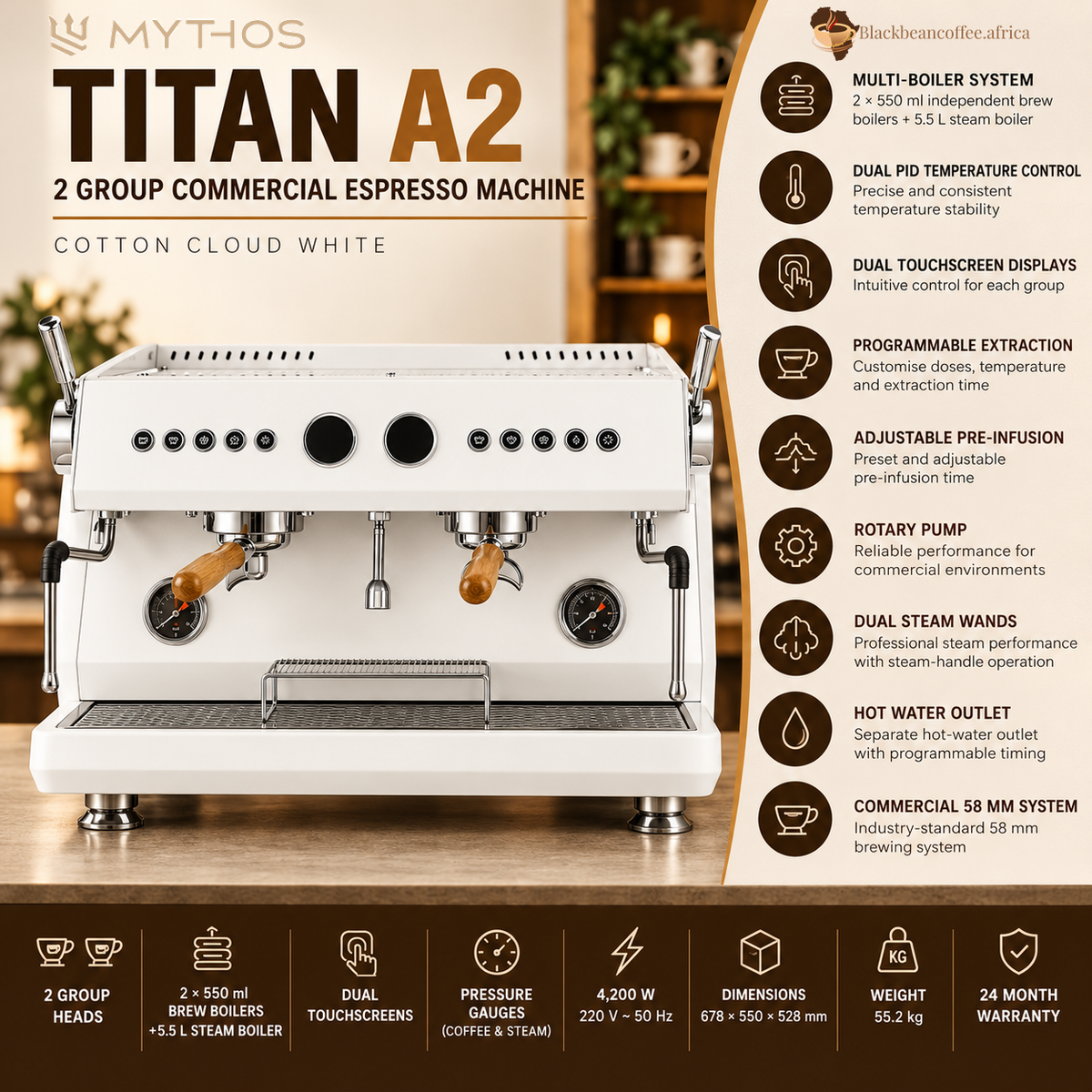 NEXUS TITAN A2 2 Group commercial espresso machine in Cotton Cloud White