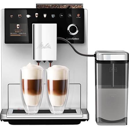Melitta Latte Select bean-to-cup coffee machine – silver front view with milk container